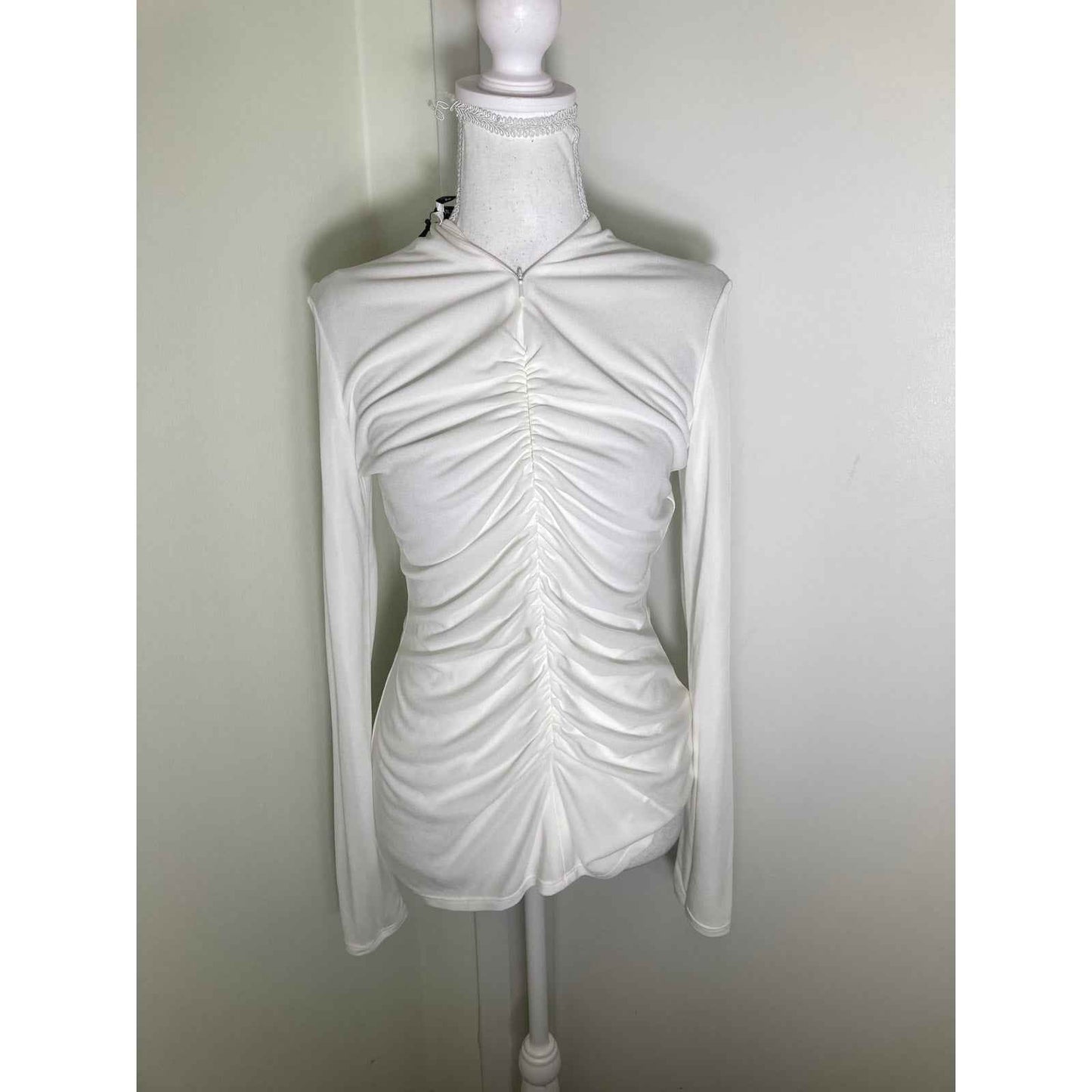 NWT Another Tomorrow Off White "Shirred Long Sleeve Top" Sz 44