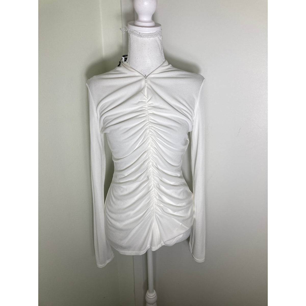 NWT Another Tomorrow Off White "Shirred Long Sleeve Top" Sz 44