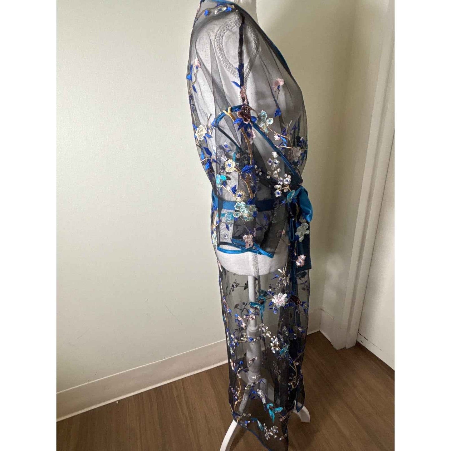 Rya Collection Black Blue Embroidered Sheer Robe Sz XS/S