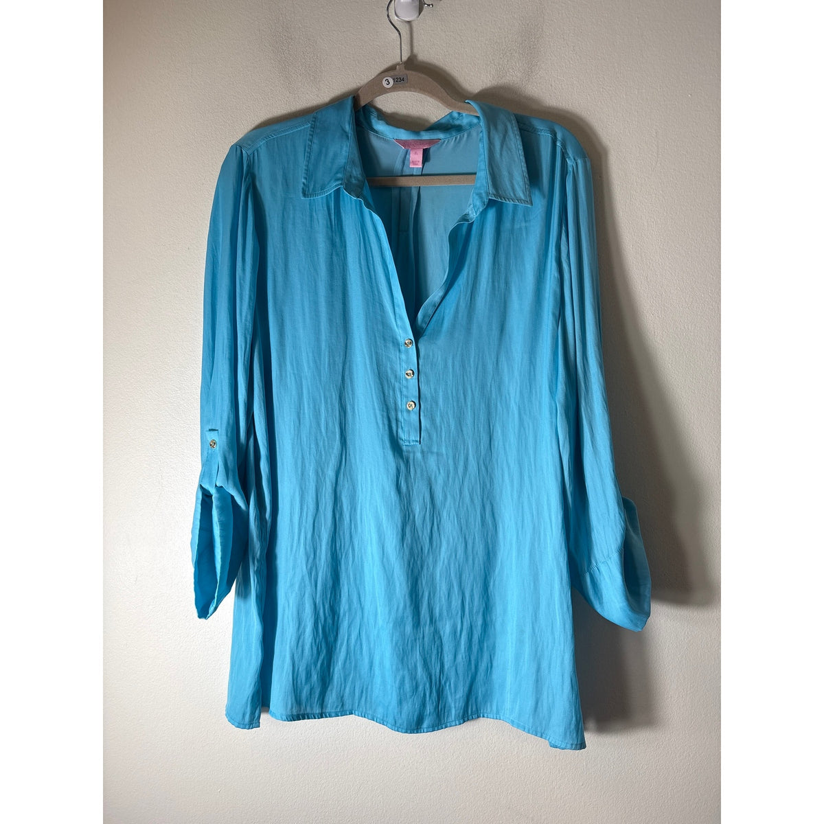 Lilly Pullitzer Teal  Gold Button Blouse Sz XL