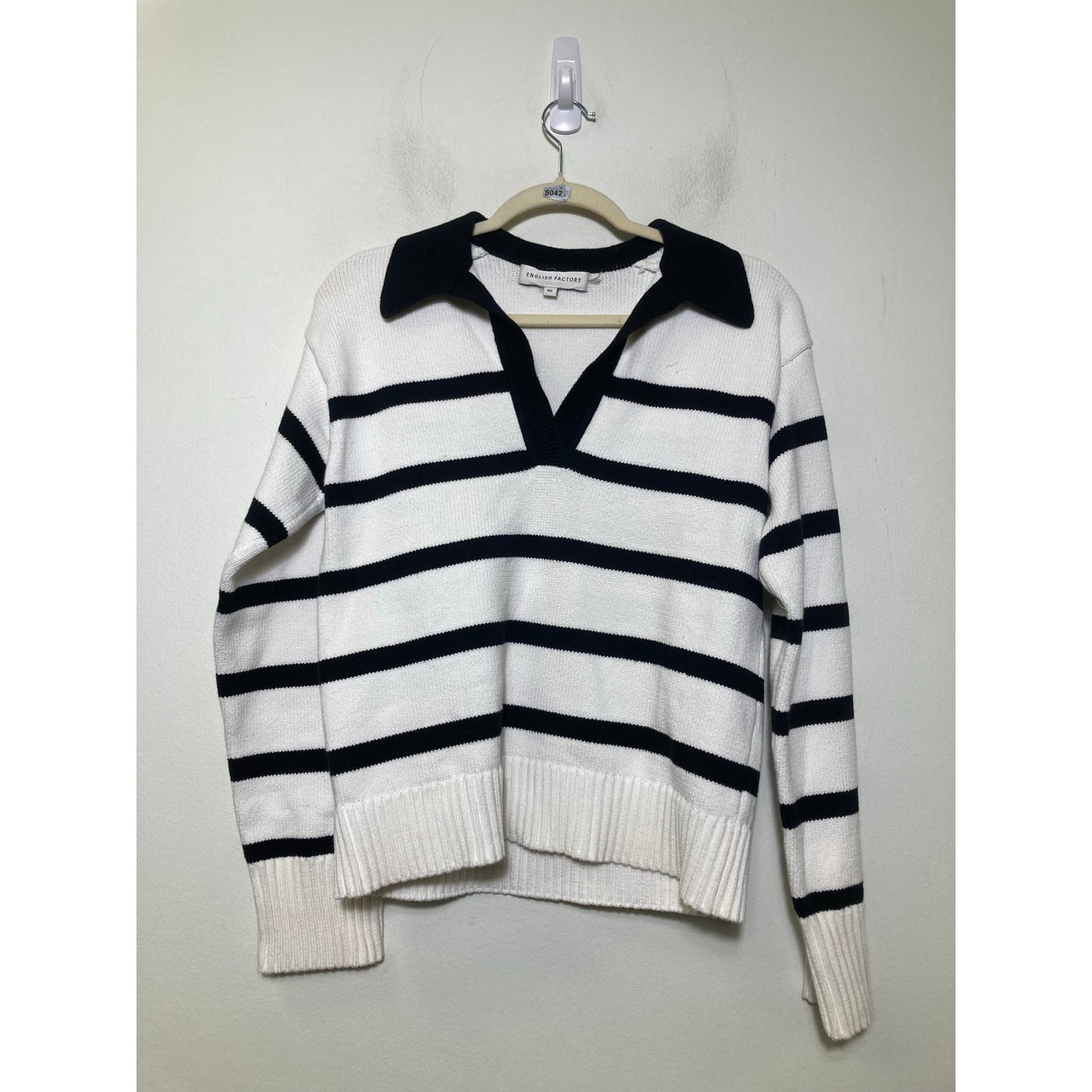 English Factory White W Black Stripe Collared Swetaer Sz xs