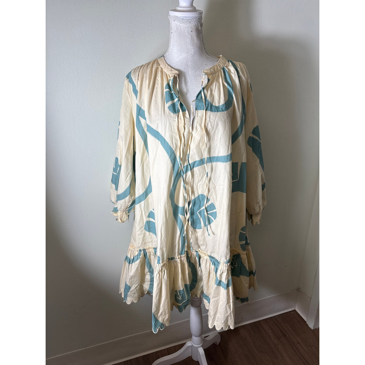 Agua Bendita Teal and Cream Colonial Geometria Dress Sz L