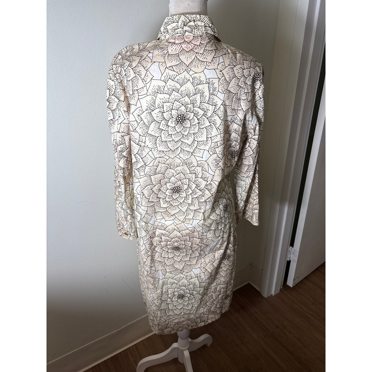 Tory Burch Off White Lotus Long Sleeve Snap Up Midi Dress Sz 12