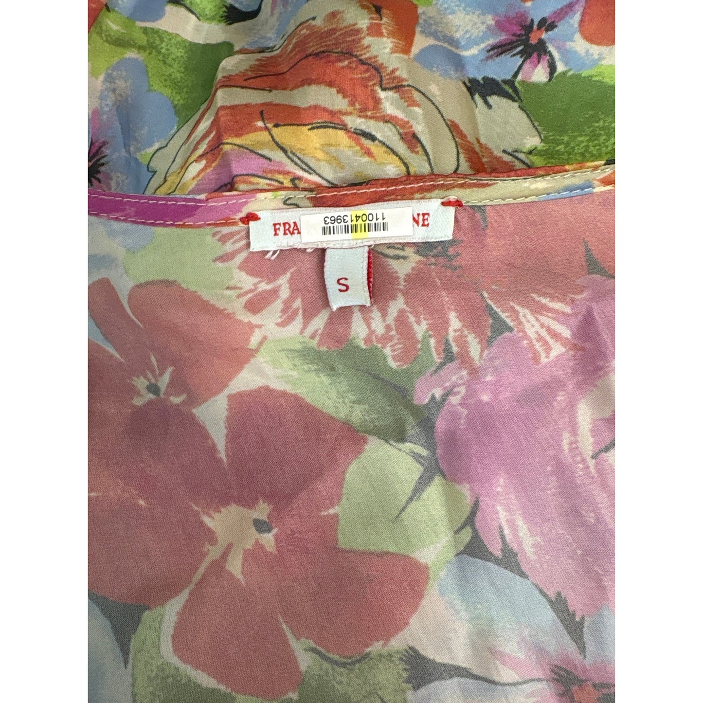 Frances Valentine Silky Pink and Green Floral Cap Sleeve Midi Belted Dress Sz S