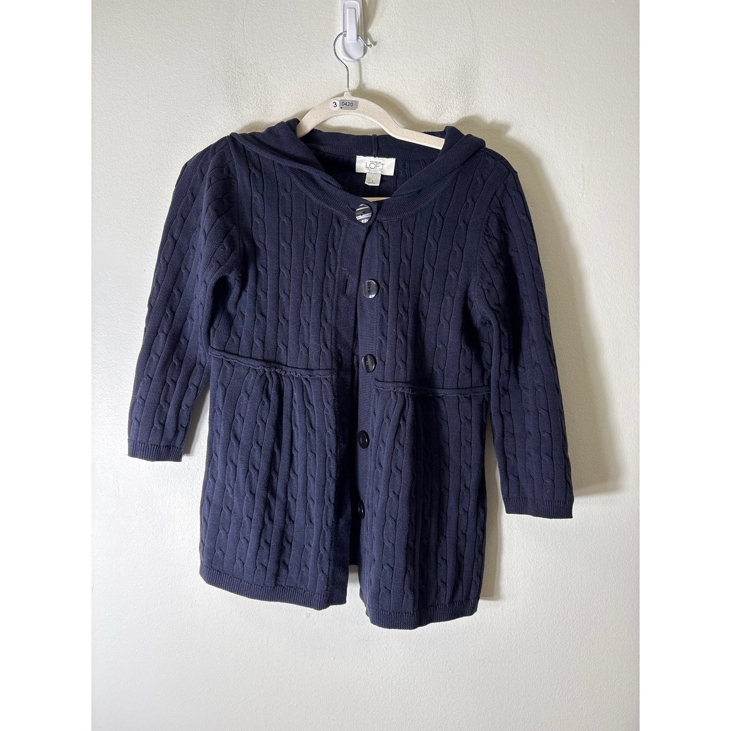 Loft Navy Blue Cable Braid Hooded Cardigan Sz S