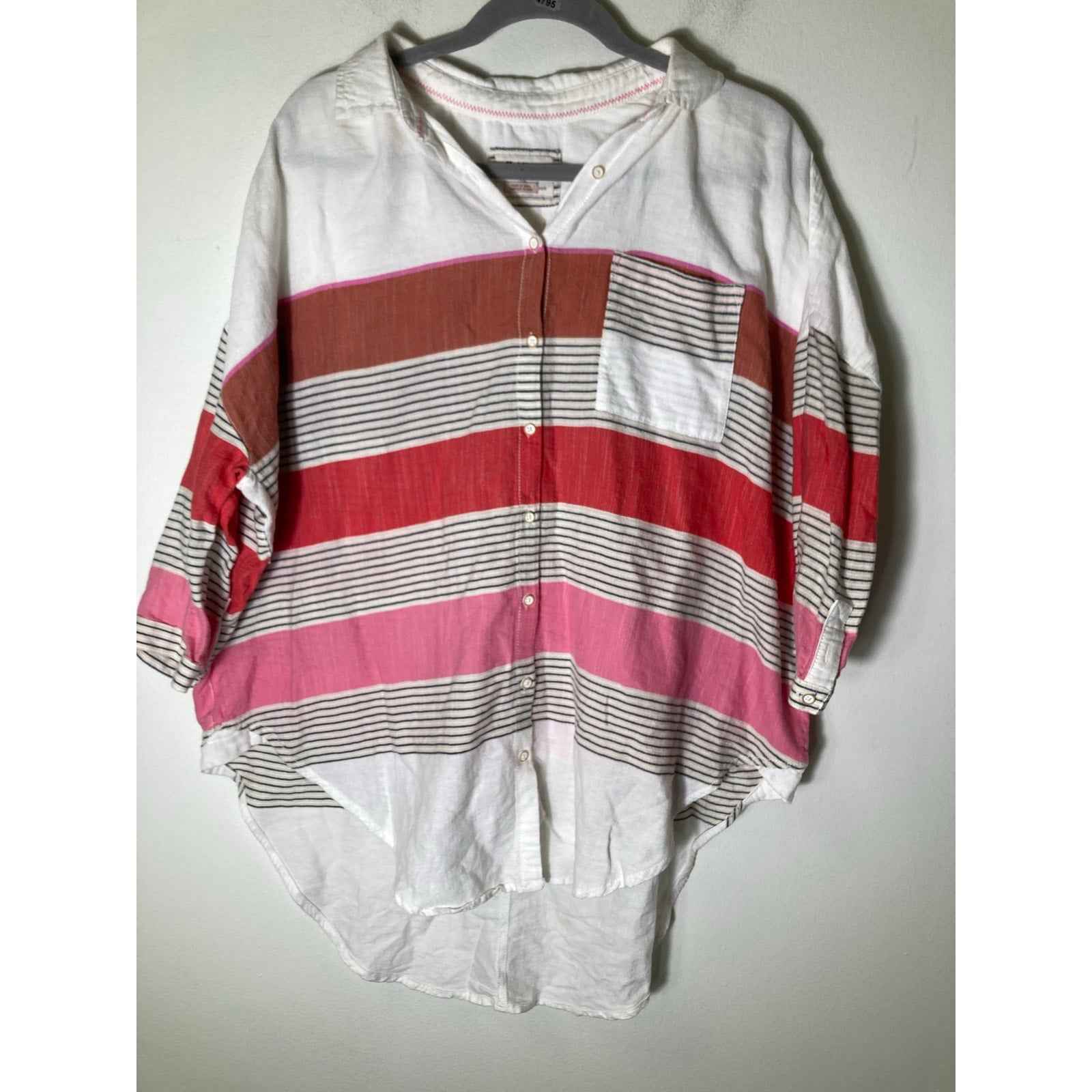 Holding Horses Pink Stripe Half Sleeve Cotton Button Up Tunic Sz S