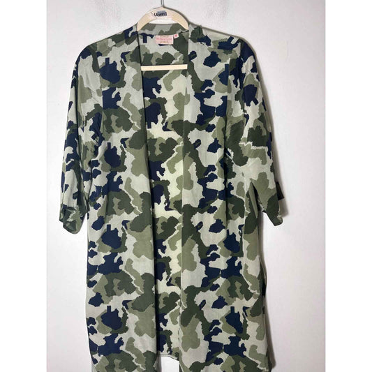 Rungolee Green Camo Short Sleeve Kimono Style Silk Cardigan Sz S