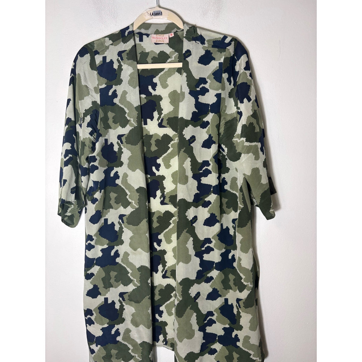 Rungolee Green Camo Short Sleeve Kimono Style Silk Cardigan Sz S