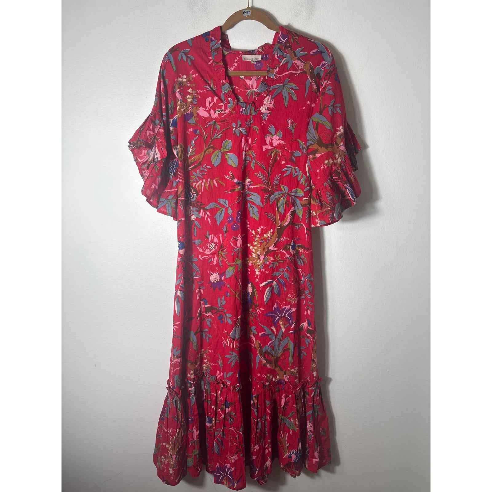 Fitzroy&Willa Red Floral Wide Half Sleeves Cotton Maxi Dress Sz S