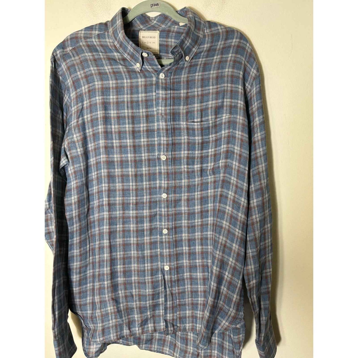 Men's Billy Reid Blue and Red Plaid Slim Cut Button Down Linen Shirt Sz L