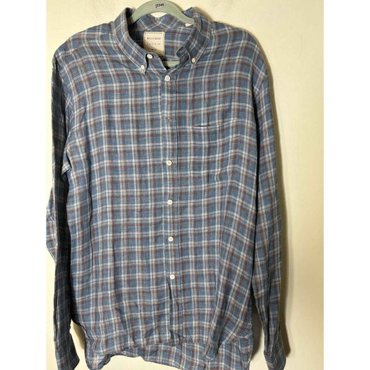 Men's Billy Reid Blue and Red Plaid Slim Cut Button Down Linen Shirt Sz L