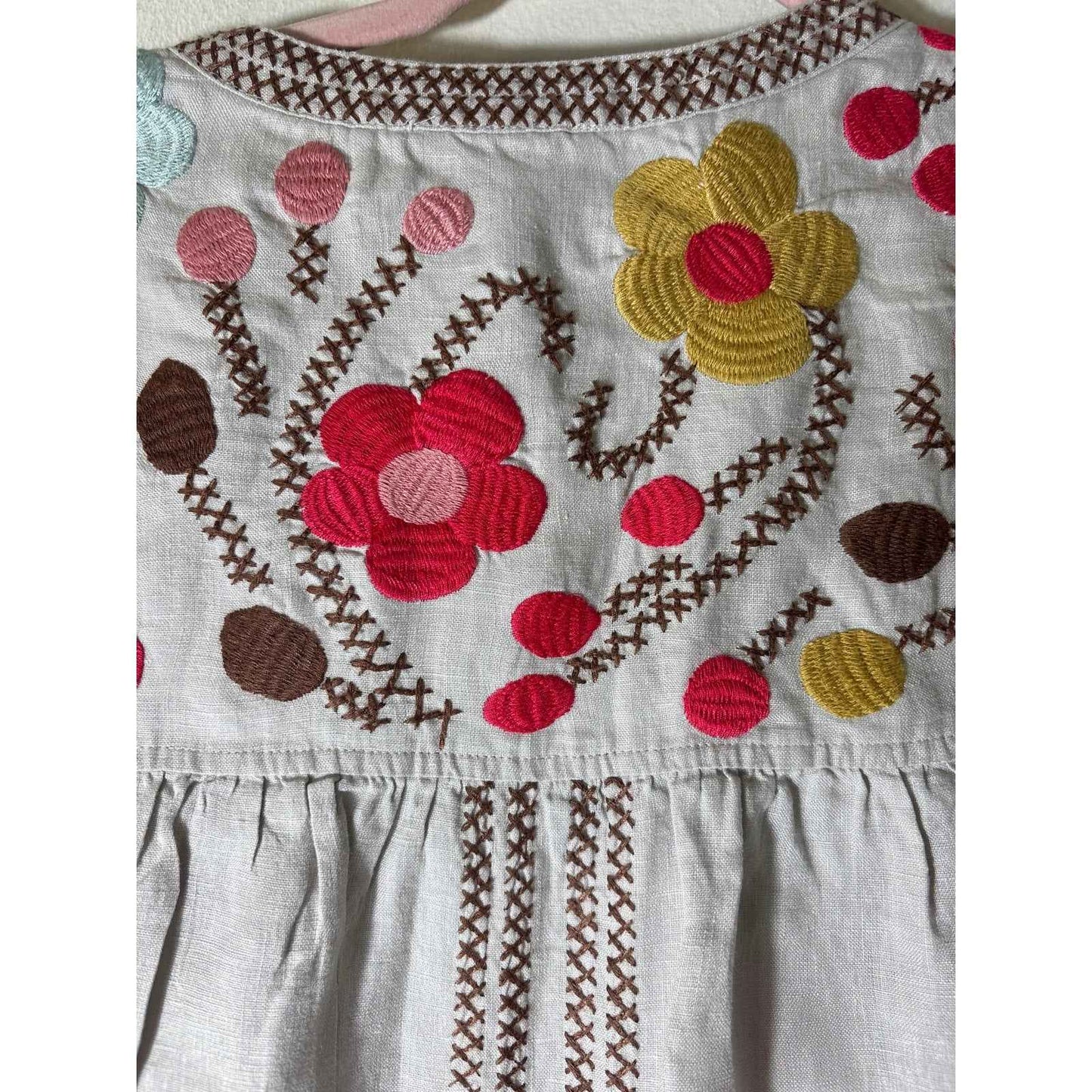 Johnny Was Gray Brown Floral Embroidered Short Sleeve Knee Length Dress Sz S