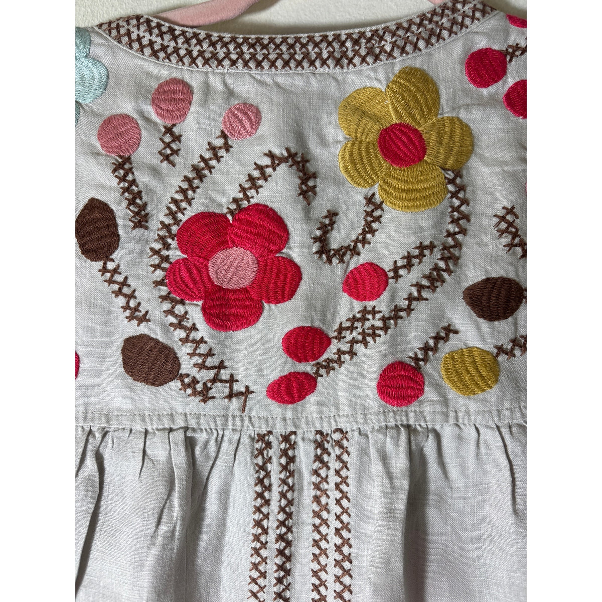 Johnny Was Gray Brown Floral Embroidered Short Sleeve Knee Length Dress Sz S