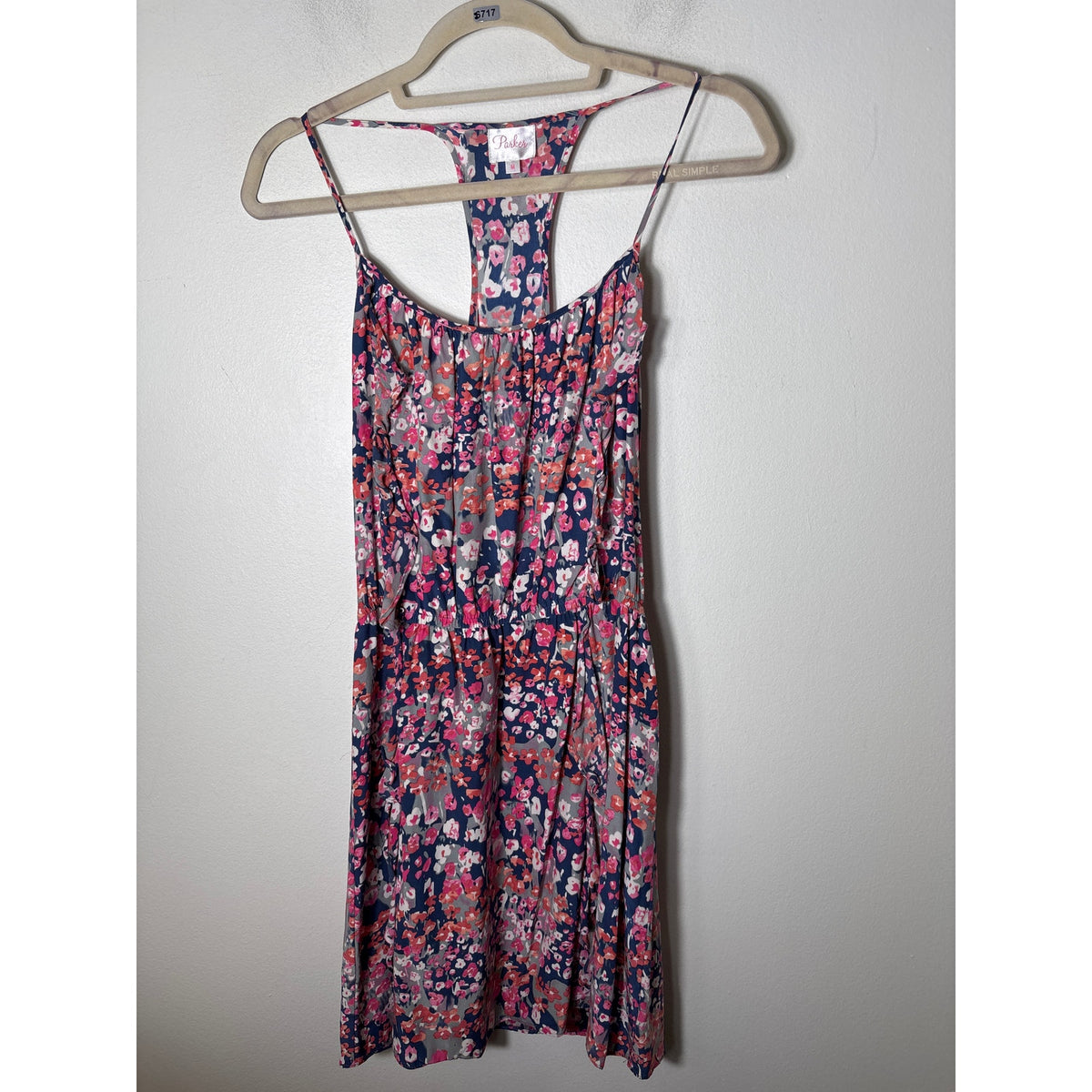 Parker Pink Navy Floral Sleeveless Silk Dress Sz M