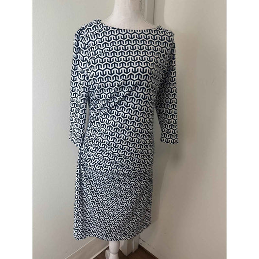 J. McLaughlin Black White Print 3/4 Sleeve Ruched Midi Dress Sz M