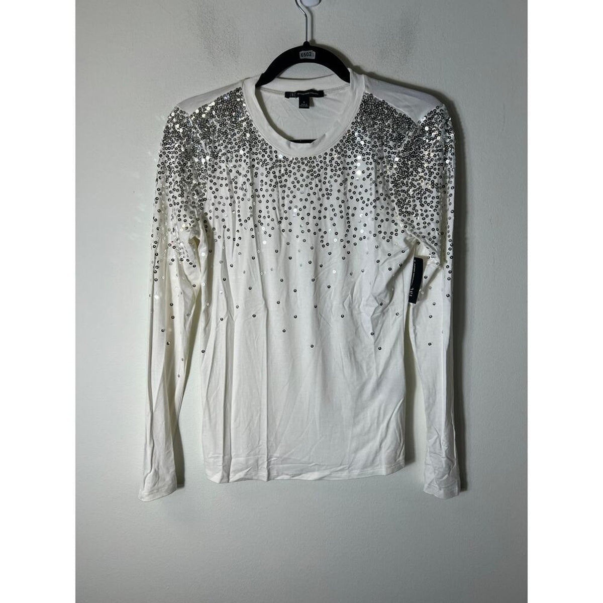 International Concepts White Sequined Long Sleeve Top Small