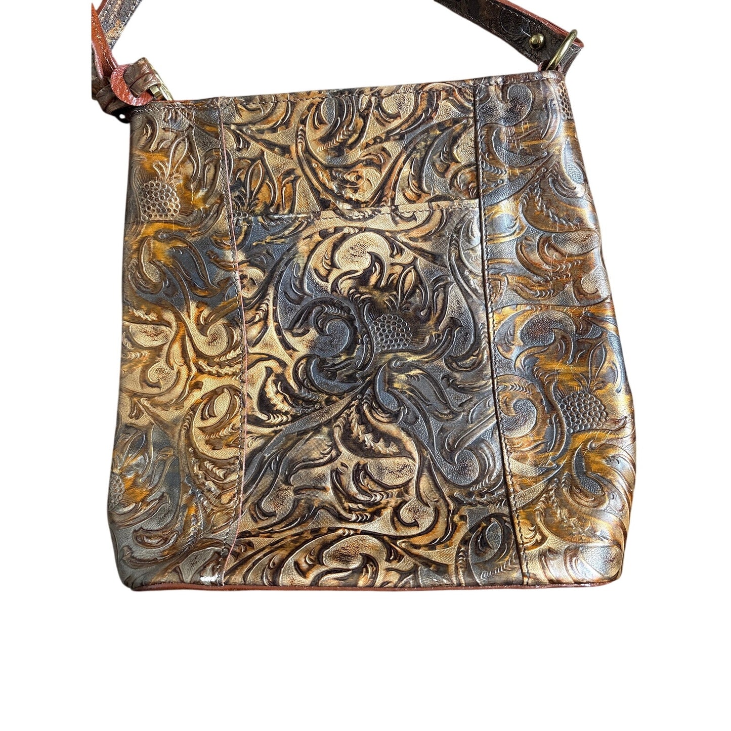Vintage Brahmin Tan Tooled Floral Leather Crossbody Bag