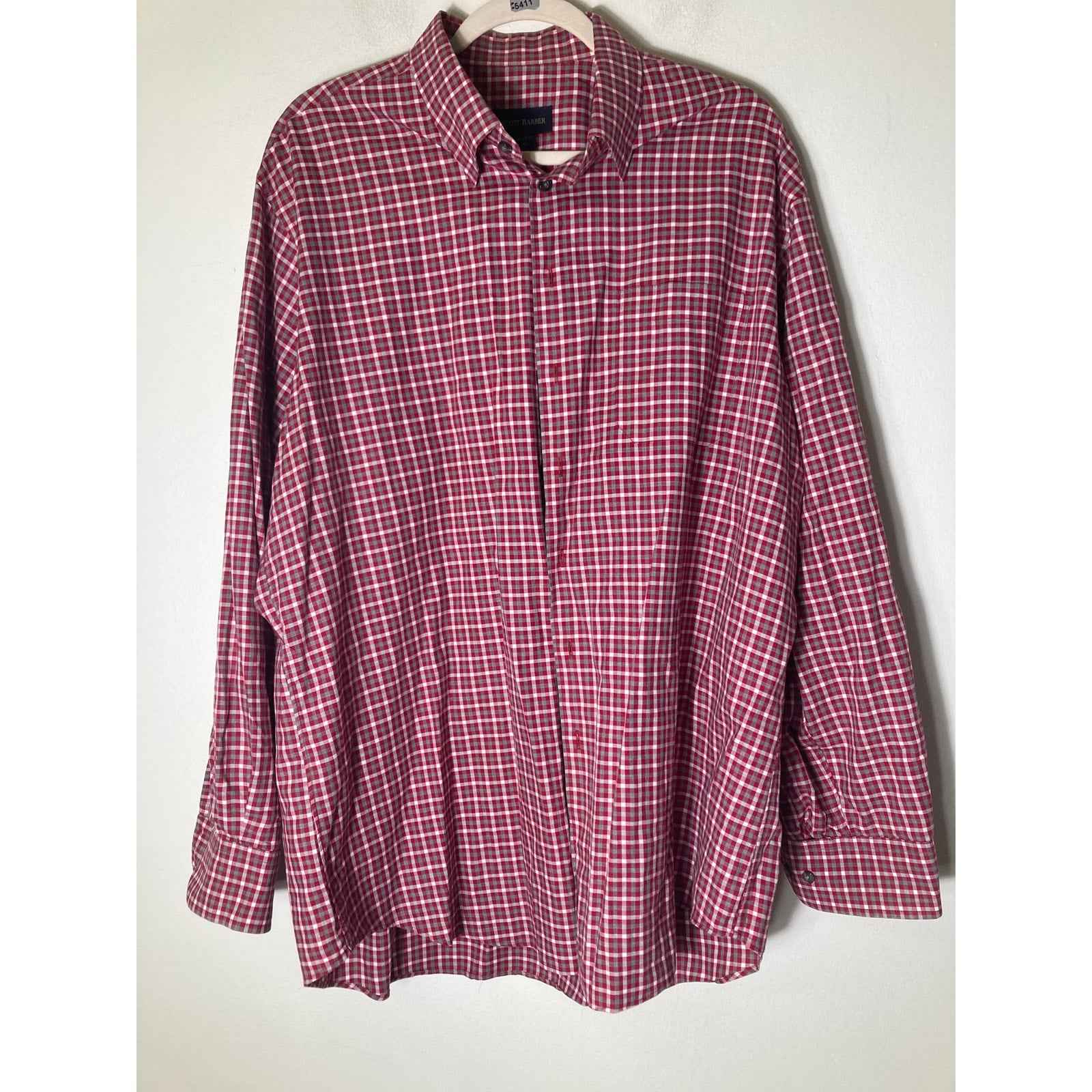 Men's Scott Barber Red Gray Plaid Long Sleeve Cotton Dress Shirt Sz XL