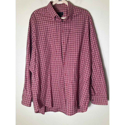 Men's Scott Barber Red Gray Plaid Long Sleeve Cotton Dress Shirt Sz XL