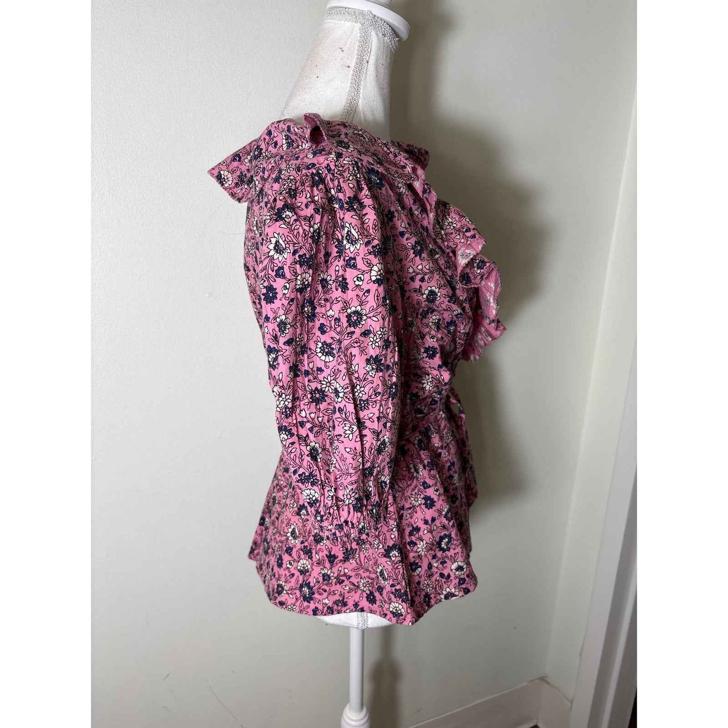 Roller Rabbit Pink Navy Half Sleeve Cotton Wrap Shirt Sz S