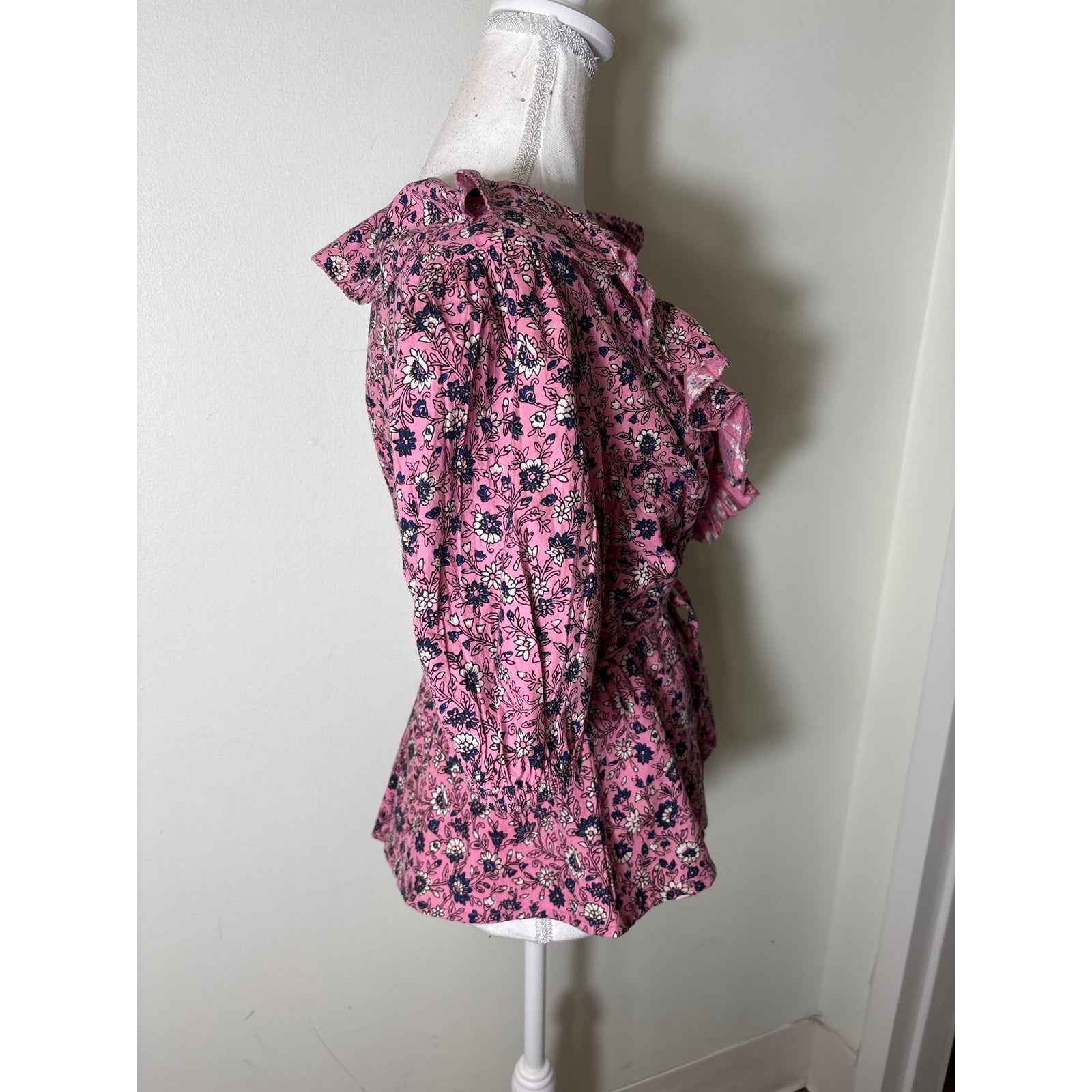 Roller Rabbit Pink Navy Half Sleeve Cotton Wrap Shirt Sz S