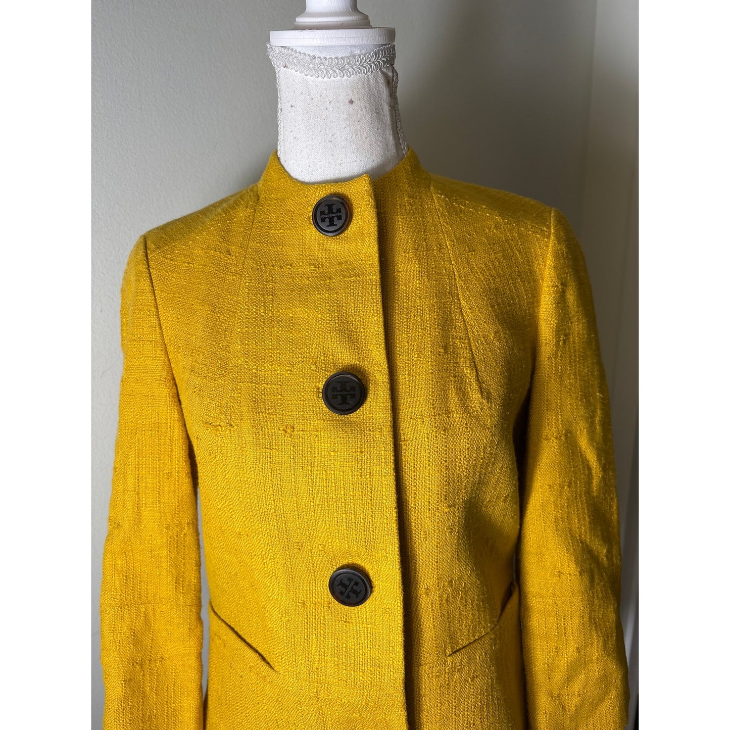 Tory Burch Mustard Yellow Long Sleeve Collarless Tweed Jacket Sz 4