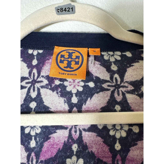 Tory Burch Purple Off White Long Sleeve Wool Cardigan Sz M
