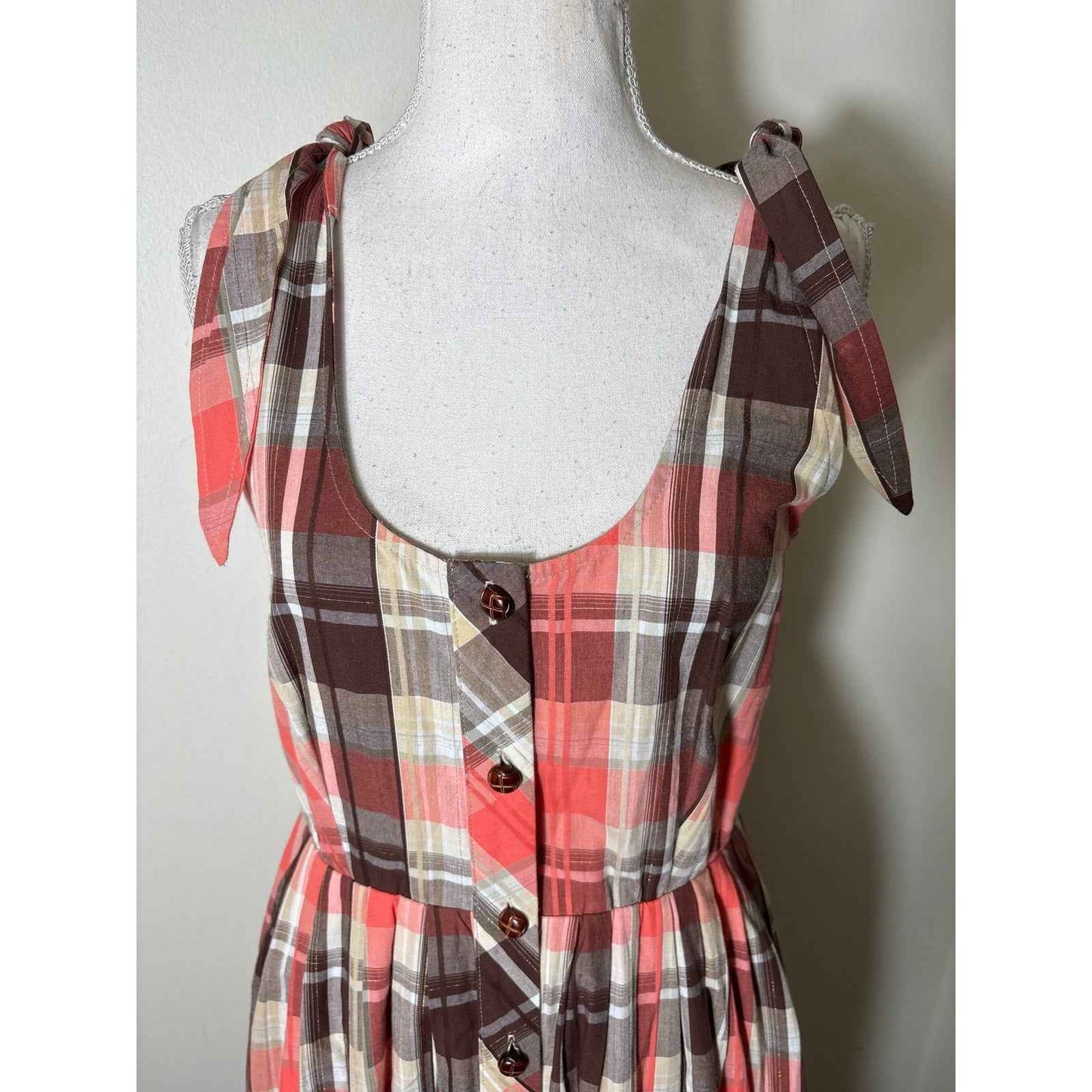 Buru Coral and Brown Plaid Tie Shoulder Maxi Dress Sz S