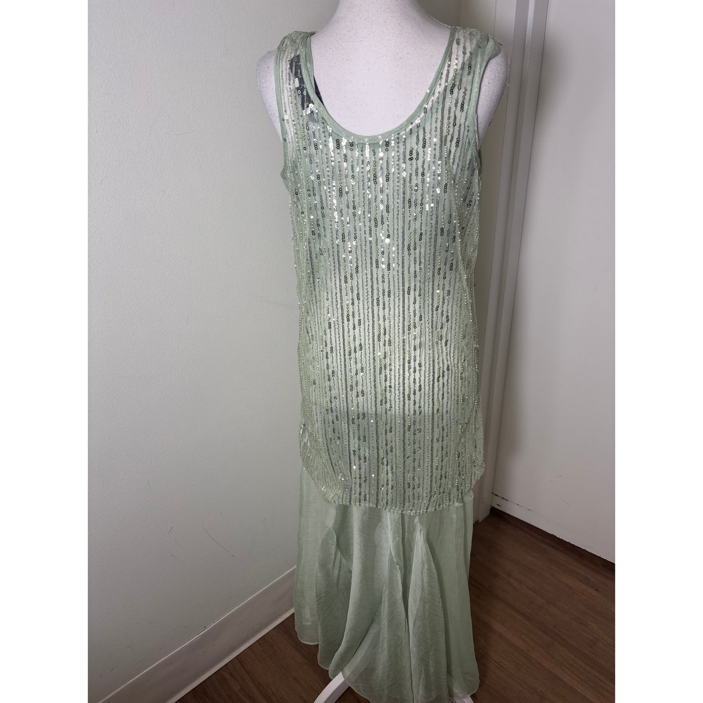 Endless Rose Sheer Light Green Sheer Sequin Overlay Maxi Dress Sz XS