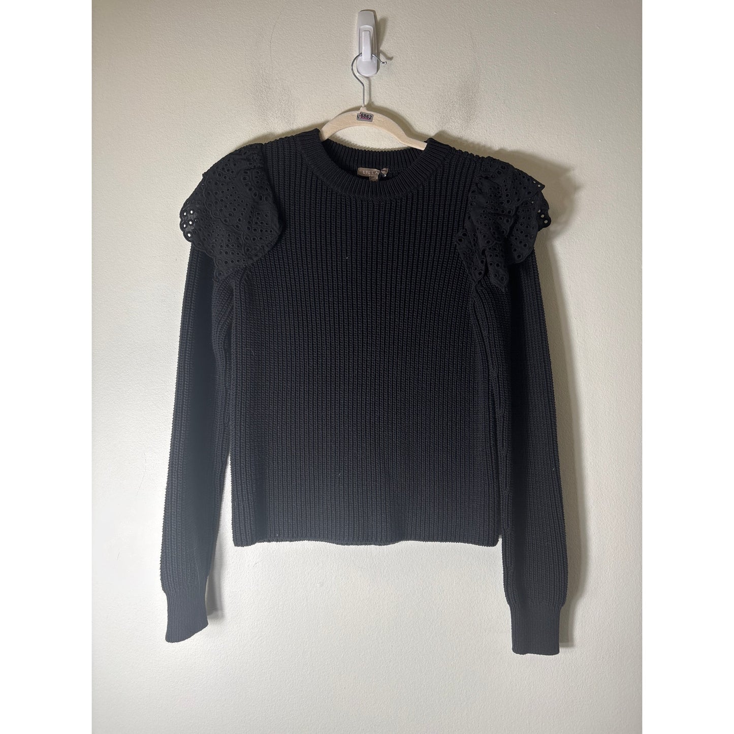 Lilla P Black Sweater With Eylet Ruffled Shoulder Sz S