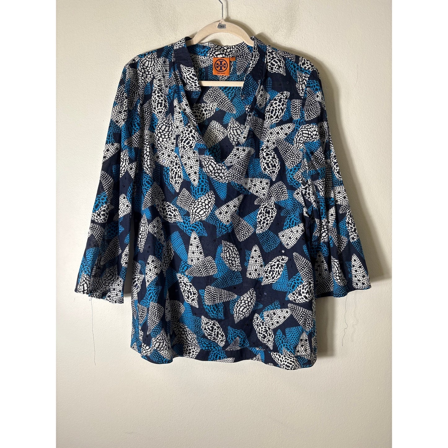 Tory Burch Navy and Teal Long Sleeve V-Neck Cotton Tunic Sz 14