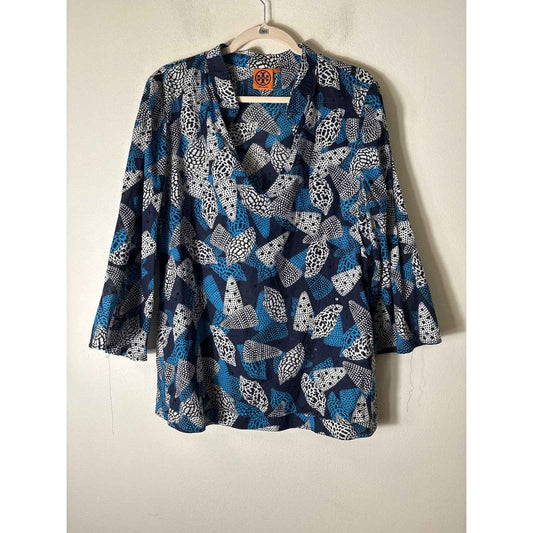Tory Burch Navy and Teal Long Sleeve V-Neck Cotton Tunic Sz 14