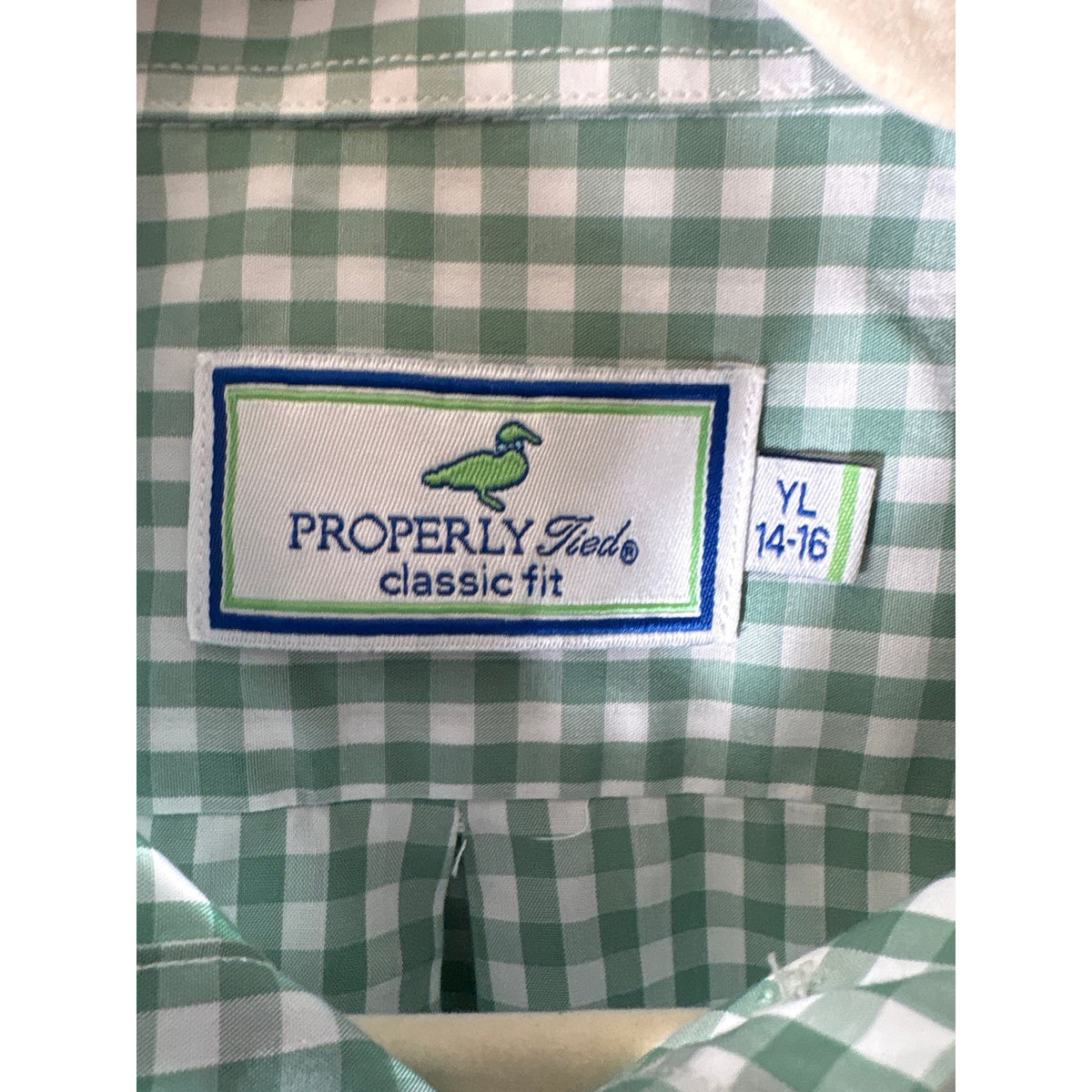 Boys Properly Tied Green and White Gingham Button Up Shirt Sz L