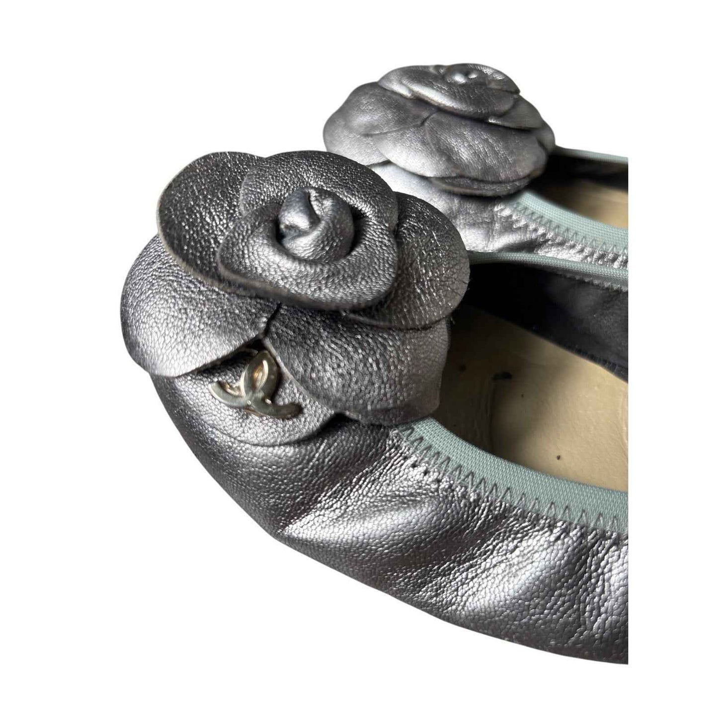 Chanel Pewter Camelia Leather Ballet Slipper Sz 40