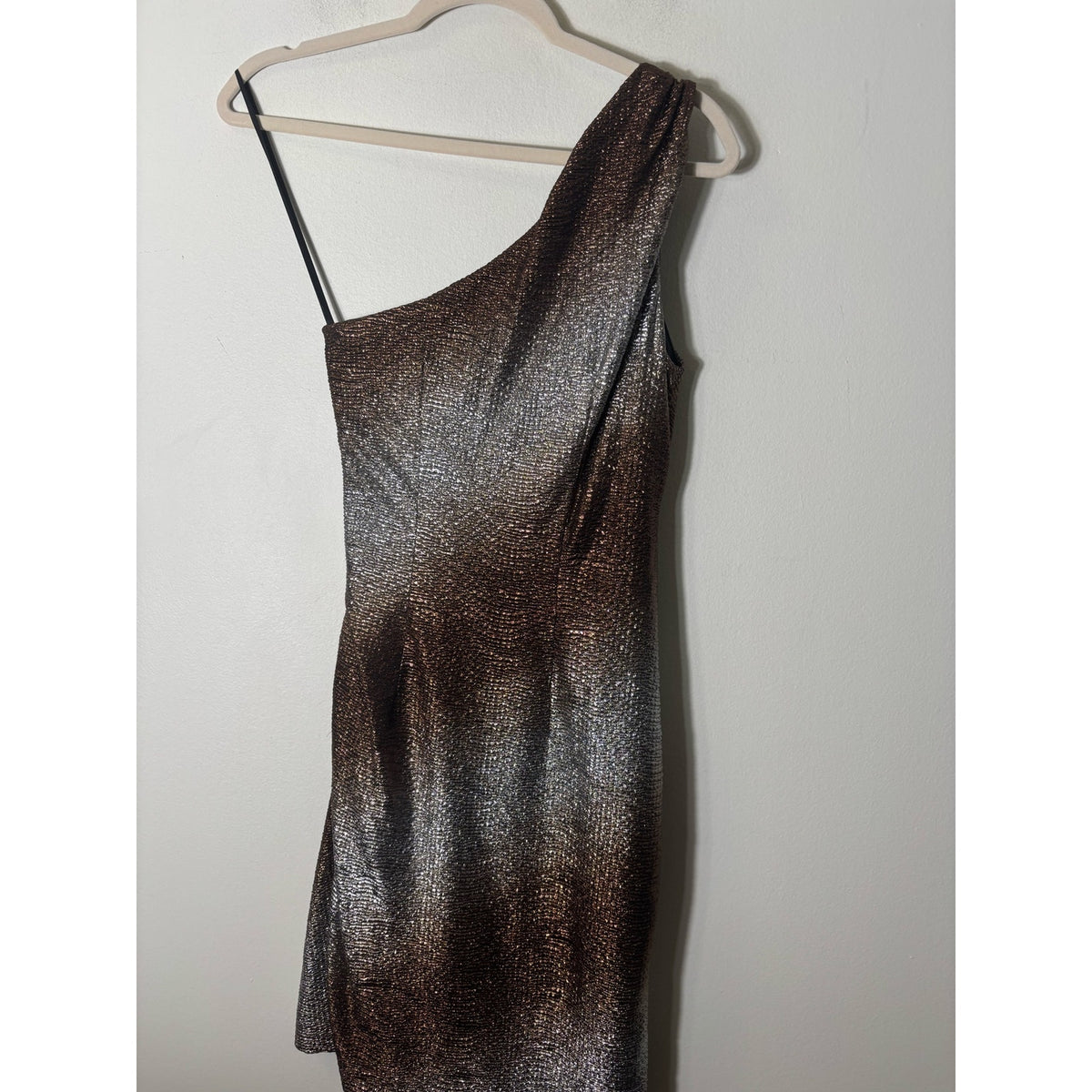 Maggie London Copper Silver Shimmer One Shoulder Ruched Cocktail Dress Sz 2