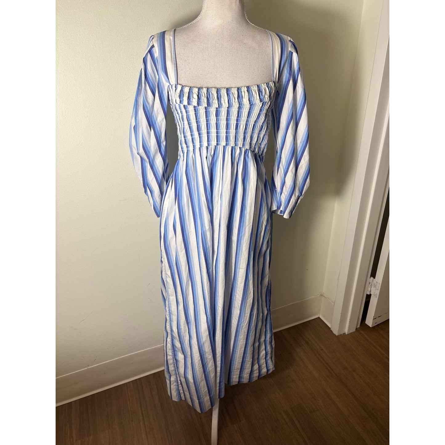 Ganni Blue Striped Long Sleeve Maxi Dress Sz 34 (2)
