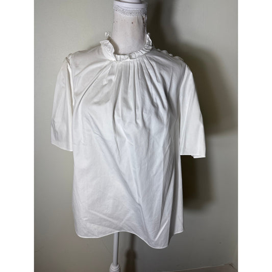 Adam Lippes White Shoulder Button Short Sleeve Cotton Blouse Sz 10