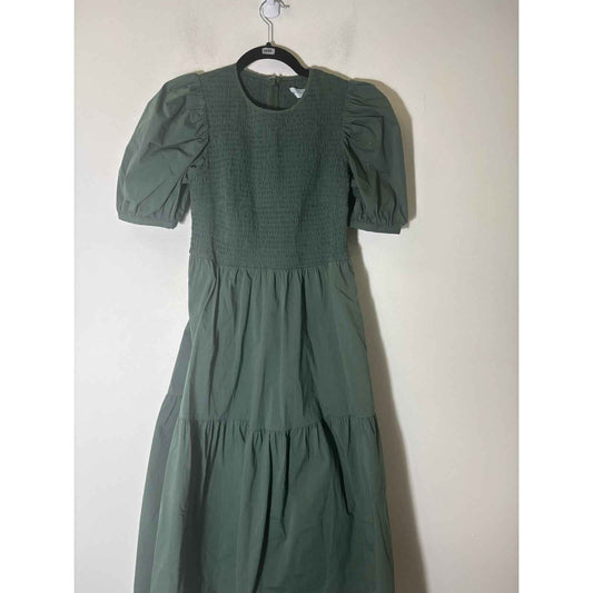 Tuckernuck Dark Green Puff Sleeve Smocked Midi Dress Sz XS