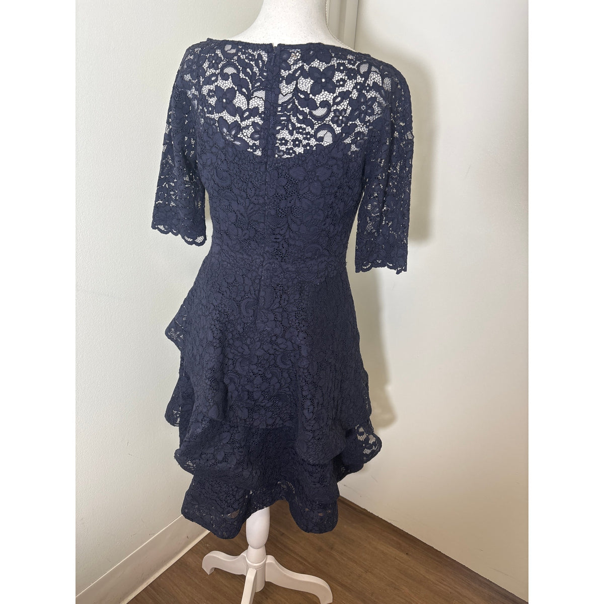 Teri Jon Navy Lace Tiered Midi Dress Sz 6