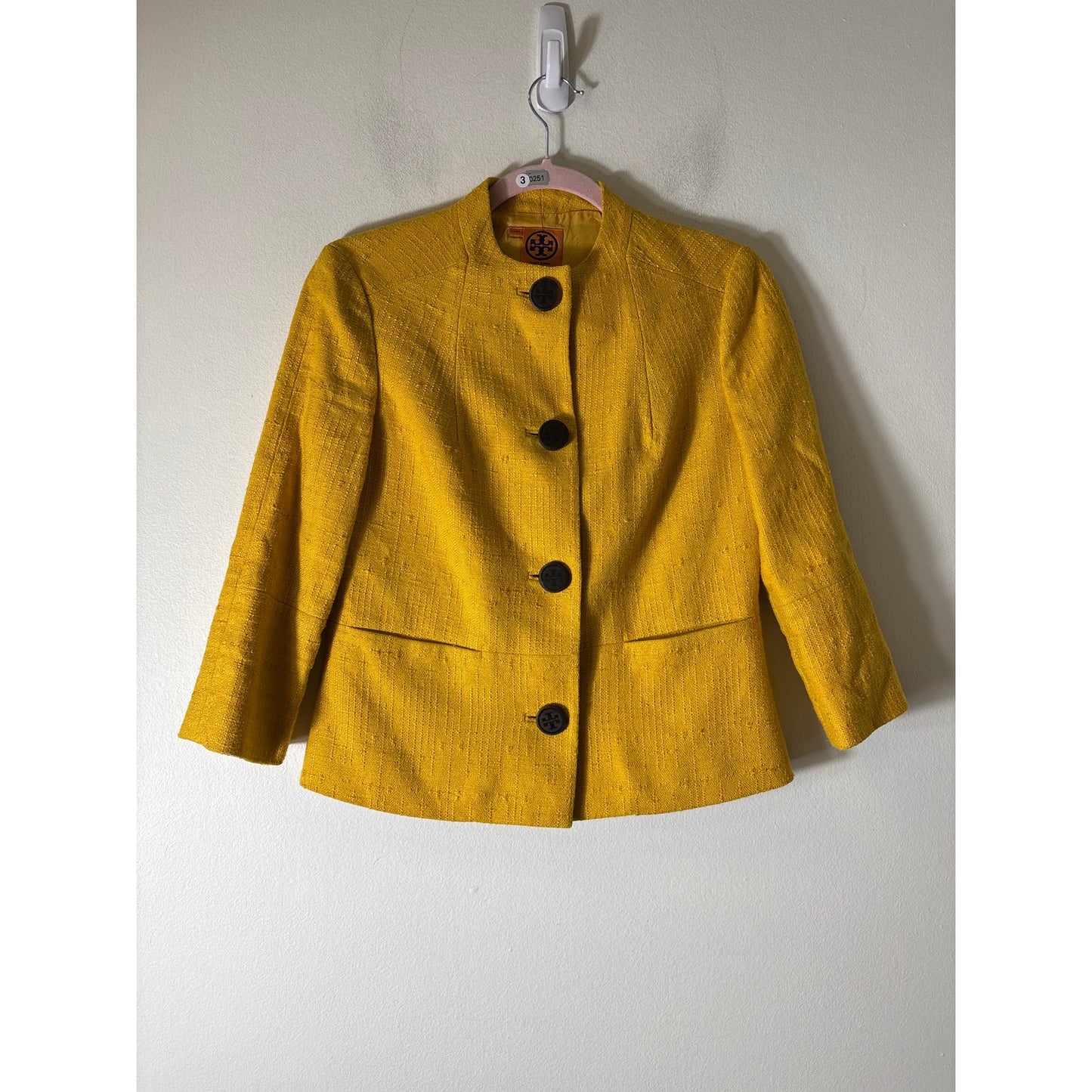 Tory Burch Mustard Yellow Long Sleeve Collarless Tweed Jacket Sz 4