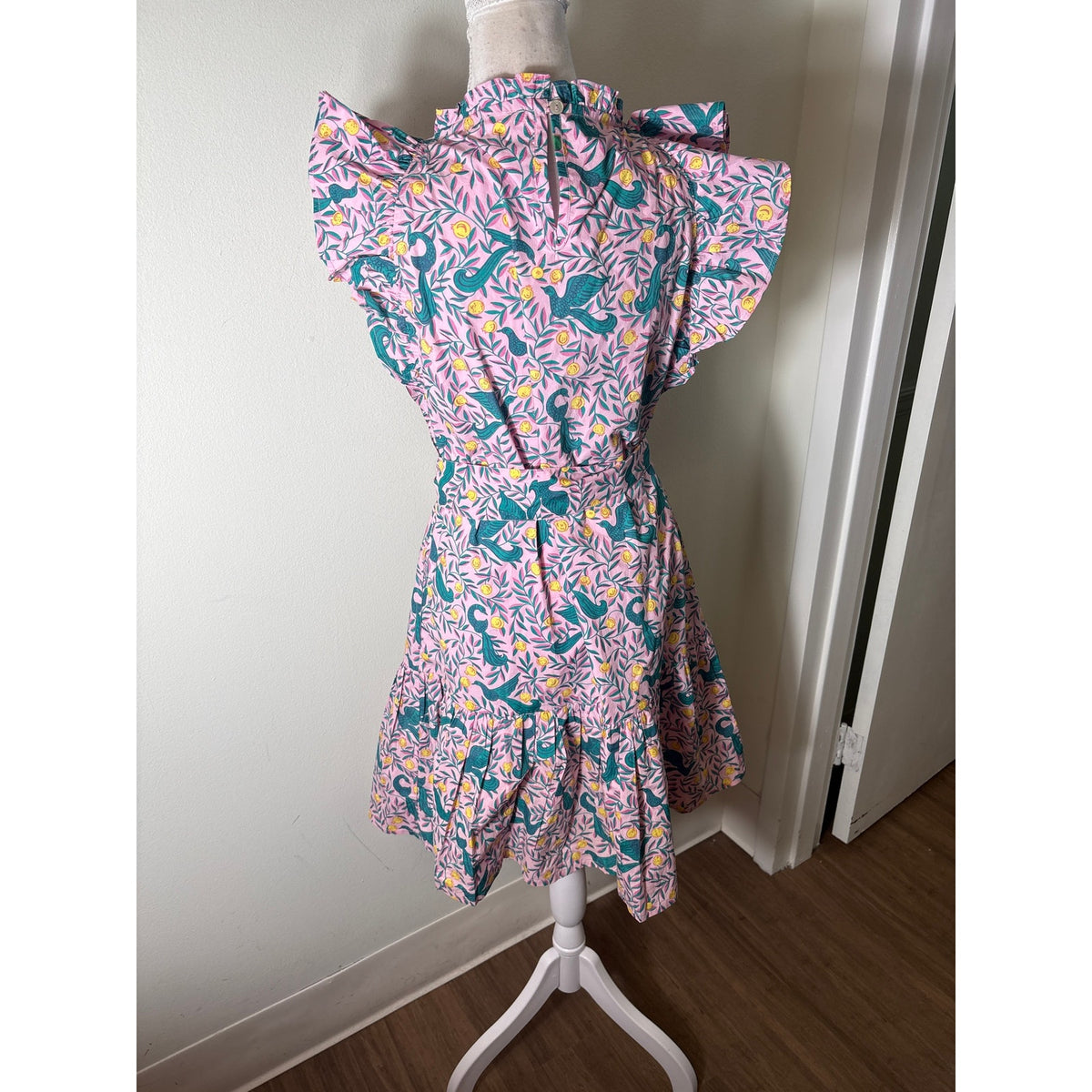 Banjanan Pink and Green Bird Midi Dress Sz M