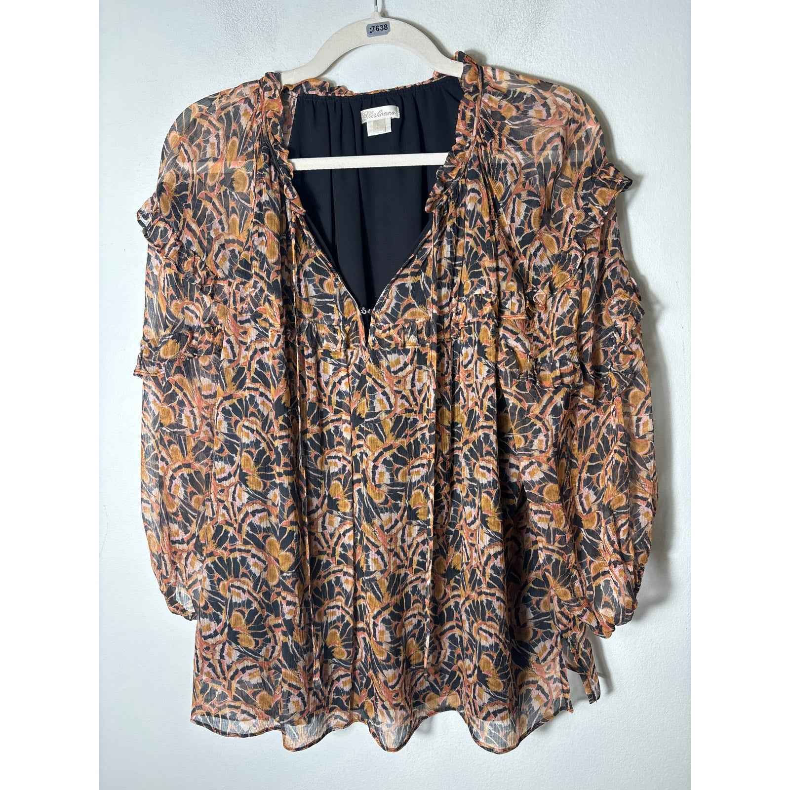 Shoshanna Black Gold 3/4 Puff Sleeve Boho Top Sz L