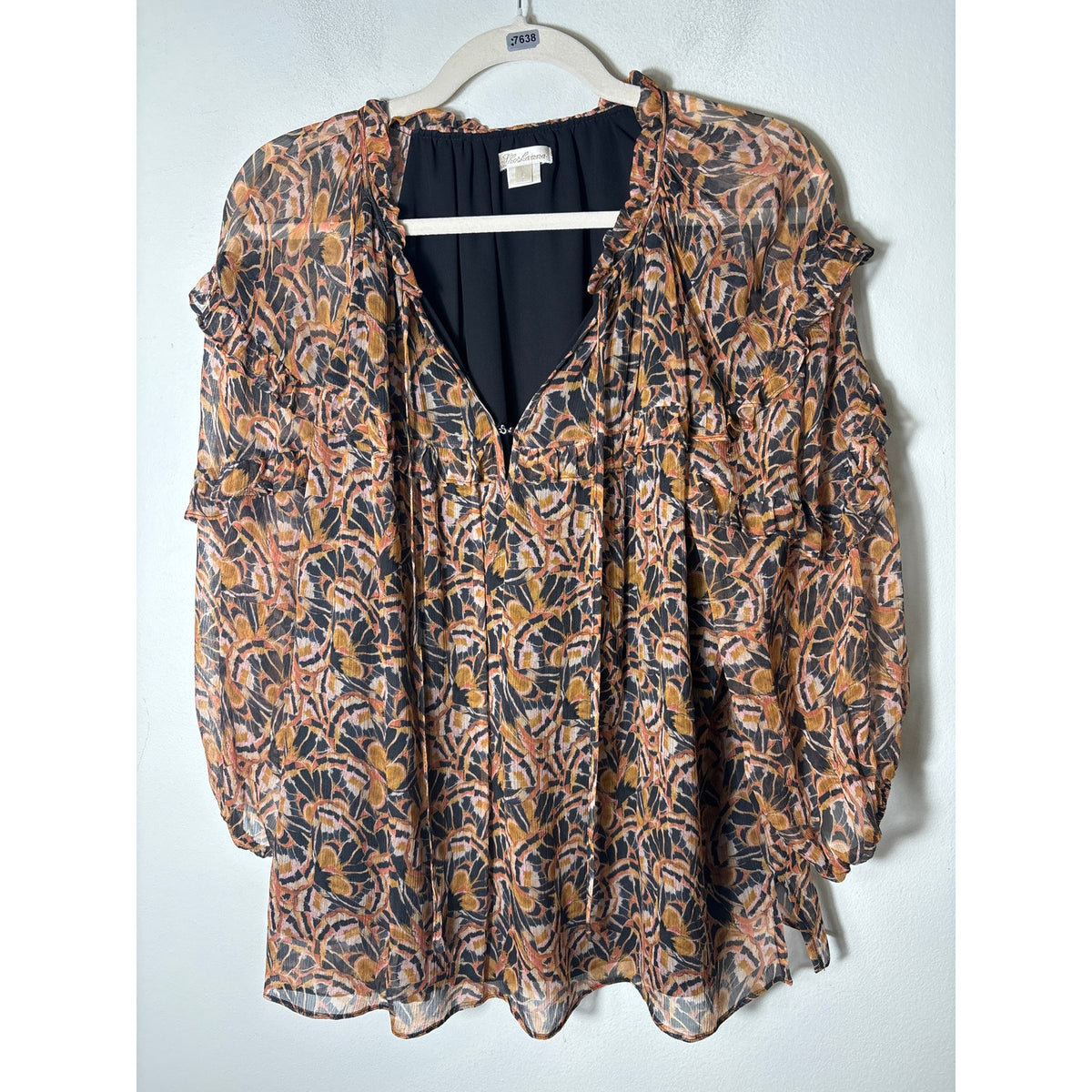 Shoshanna Black Gold 3/4 Puff Sleeve Boho Top Sz L