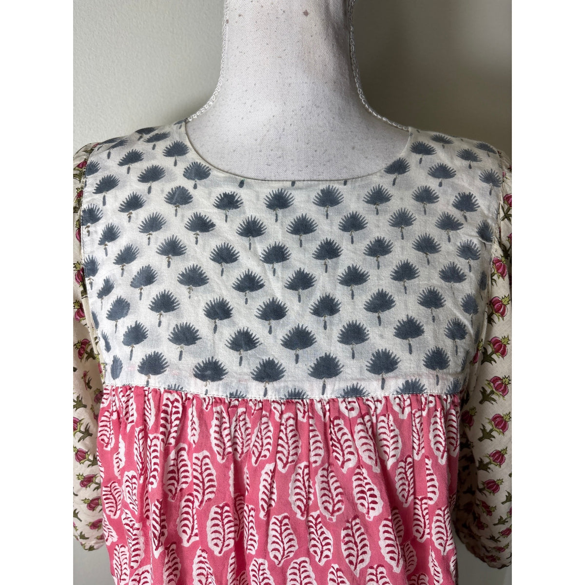Emerson Fry / India Collection Pink and Blue Block Print Cotton Top  Sz S