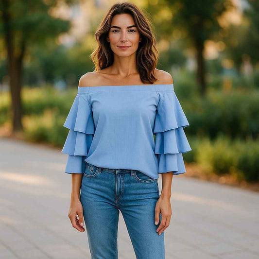 Endless Rose Light Blue Off the Shoulder Ruffled Bell Sleeves Back Zip Sz. S