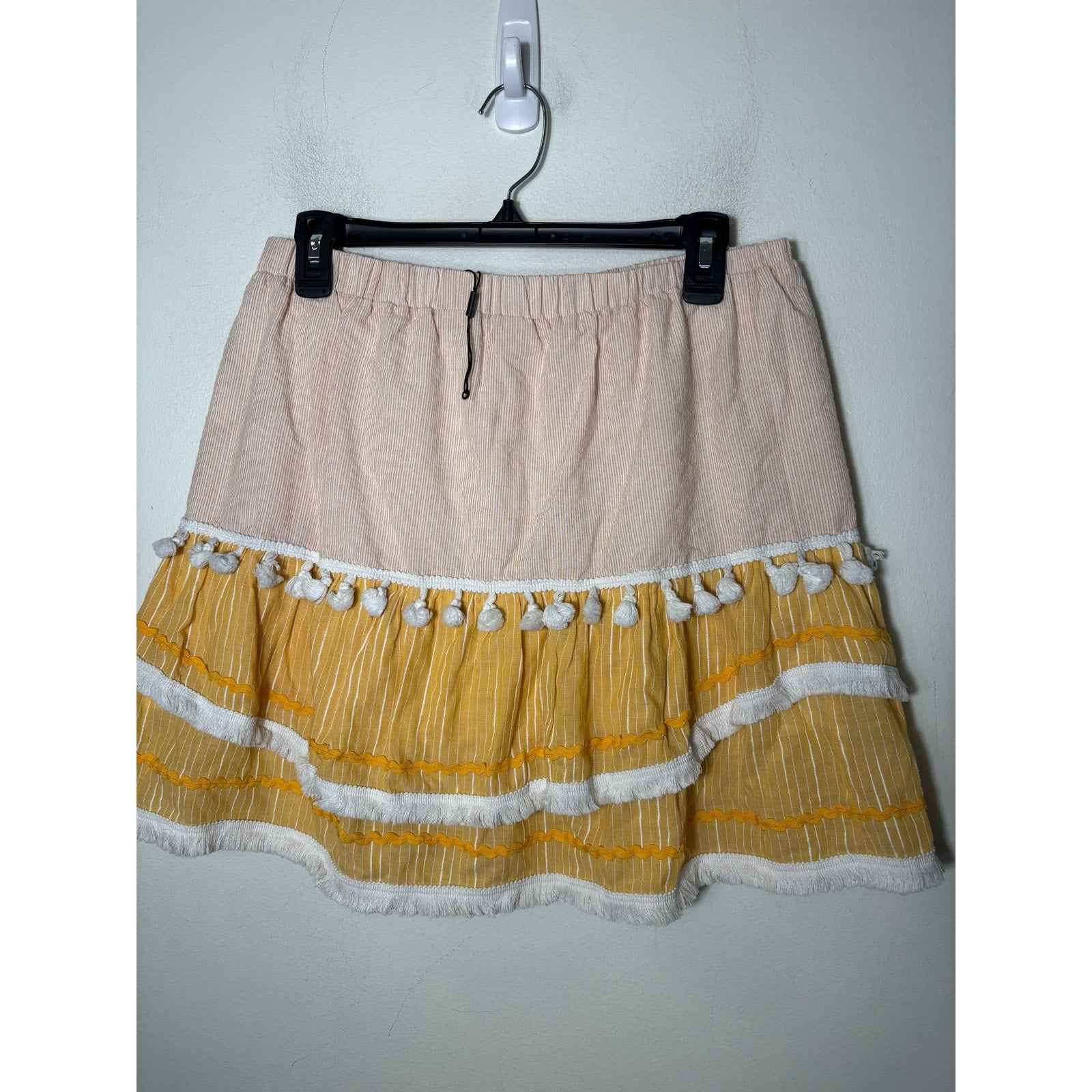 English Factory Yellow Pull On Pom Pom and Fringe Mini Skirt Sz L