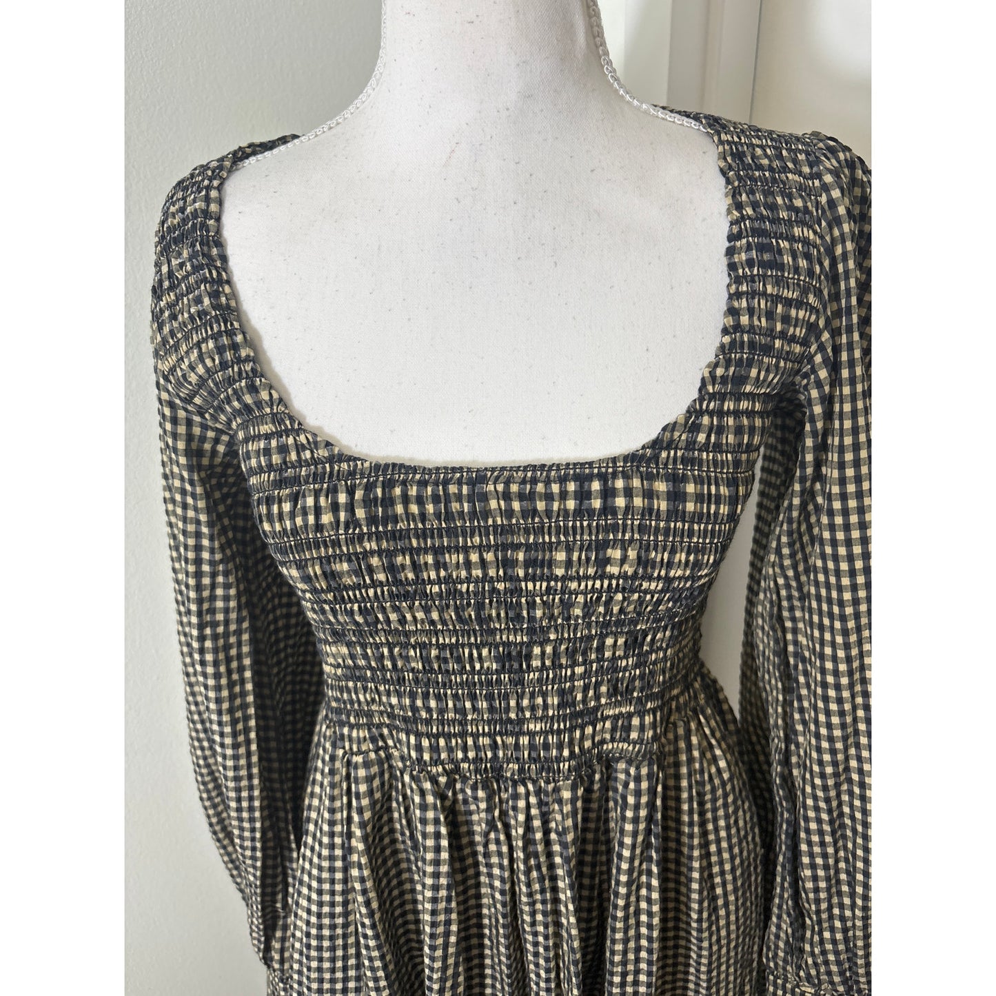 Ganni Tan and Black Check Smocked Bodice Dress Sz 38 (L)