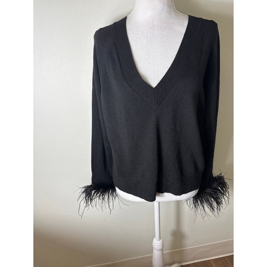 NWT MILLY long Sleeve Feathered Cuff  V-Neck Sweater Sz M