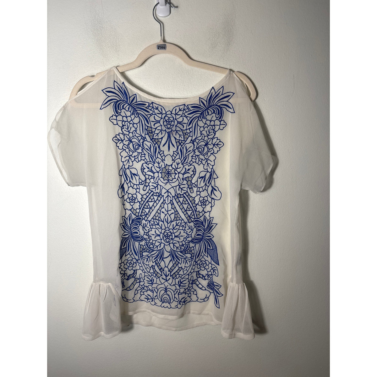 Baraschi Sheer Cream with Blue Embroidery Cold Shoulder Cap Sleeve Sz XS