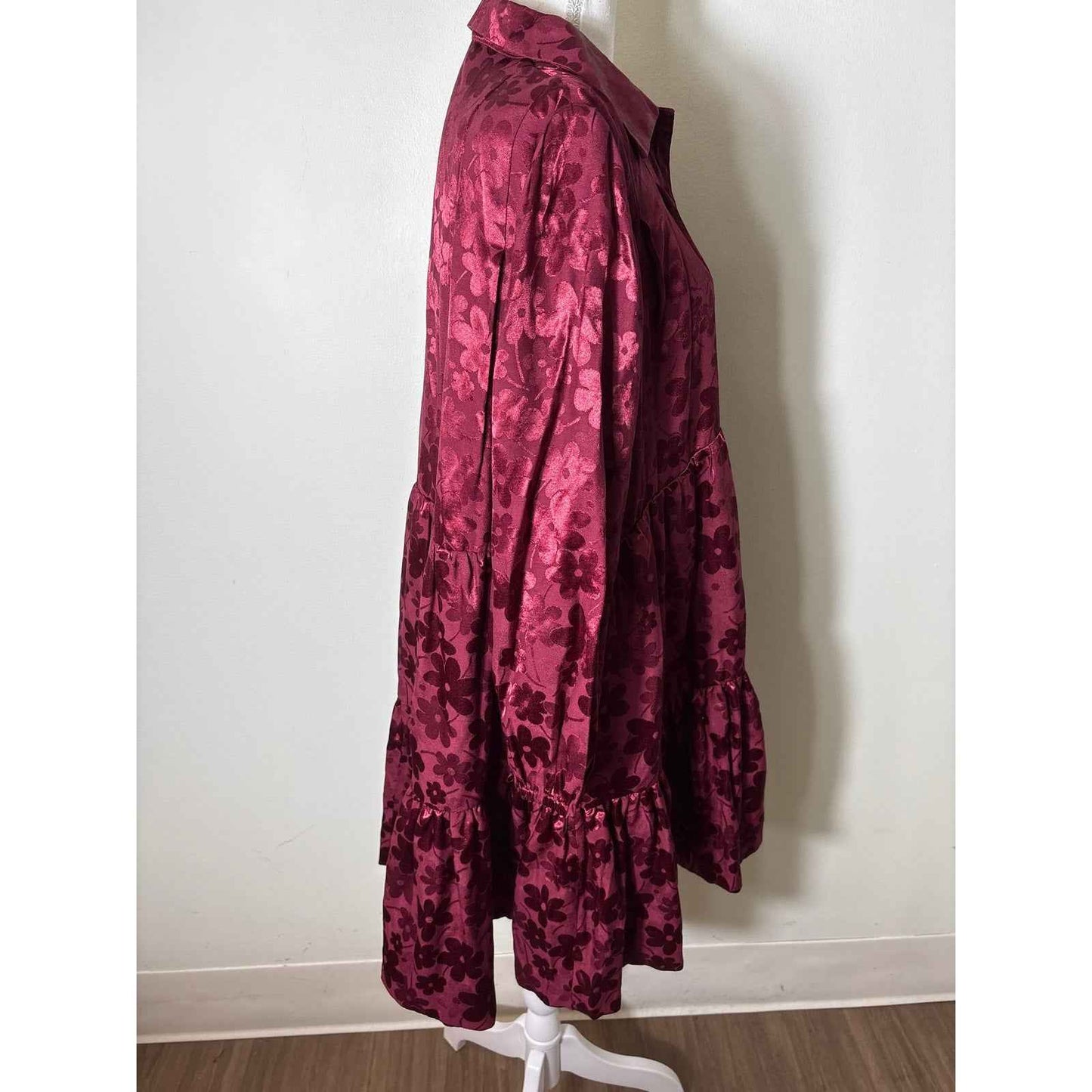 Buru Burgandy Floral Tiered Long Sleeve Baby Doll Dress Sz S